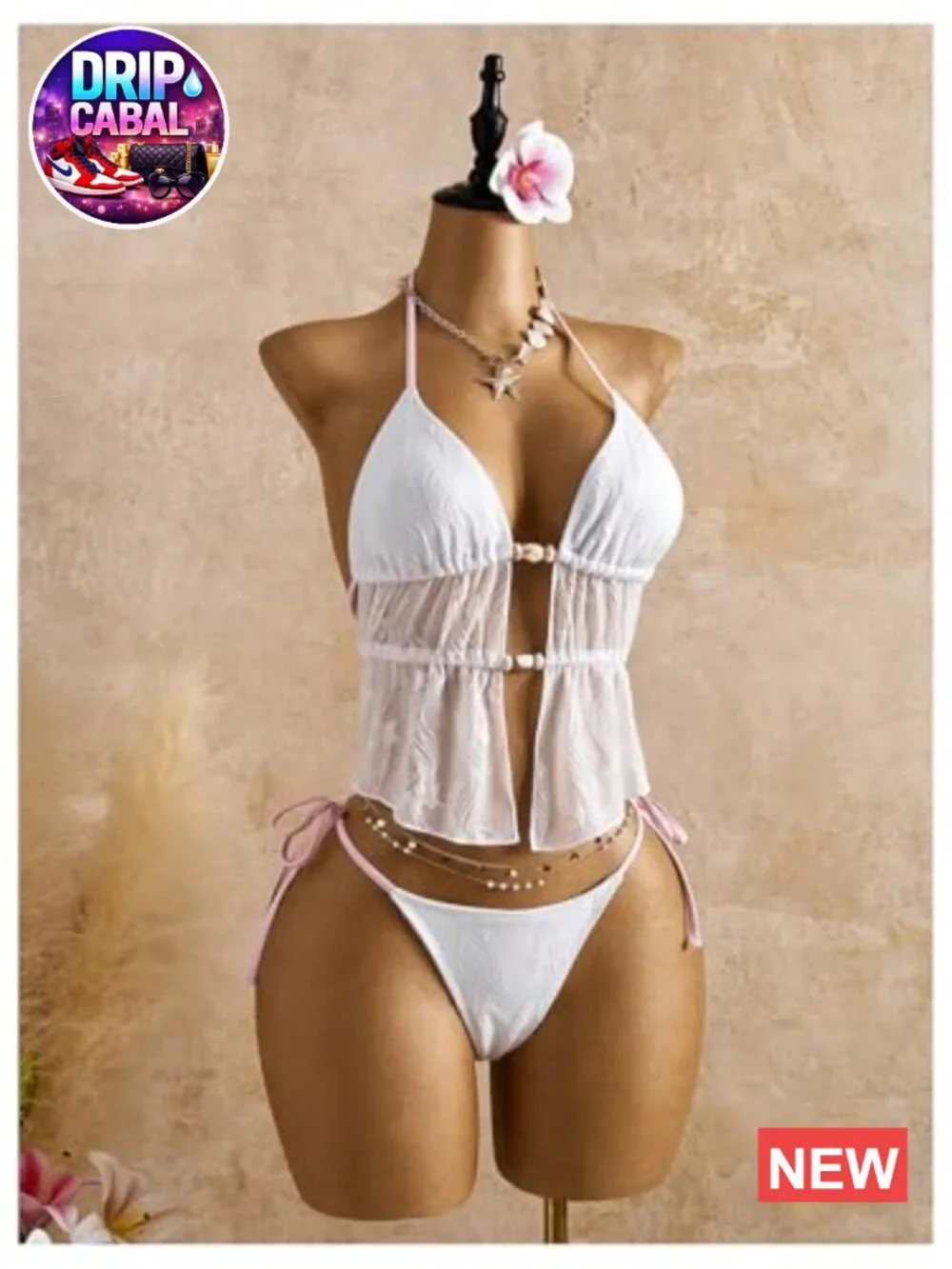 2 Piece Floral Tankini Set with Beaded Backless Halter Swimsuits